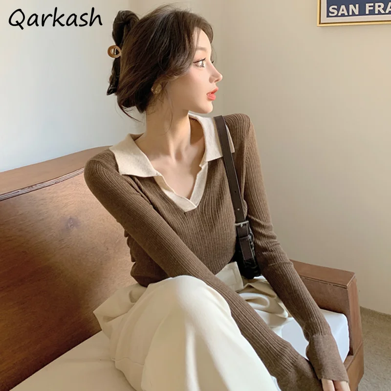 Pullovers Women Patchwork Elegant Turn Down Collar Stylish Slim Stretchy Casual Korean All-match Streetwear Sweater Chic Hipster
Pullovers Women Patchwork Elegant Turn Down Collar Stylish Slim Stretchy Casual Korean All-match Streetwear Sweater Chic Hipster