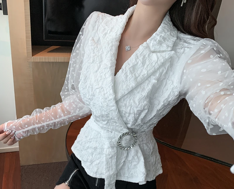 2020 Korean Spring Sweet Mesh patchwork Office Lady Womens Clothes New Lapel Long Sleeve Women Fashion Elegant Slim Blouse Femme
2020 Korean Spring Sweet Mesh patchwork Office Lady Womens Clothes New Lapel Long Sleeve Women Fashion Elegant Slim Blouse Femme