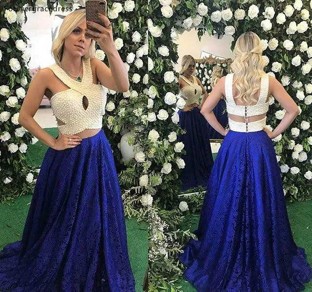 Two Pieces Lace Prom Dress Modest Luxury Pearls Top Royal Blue A Line Sleeveless Long Formal Party Gown Custom Made Plus Size 
Two Pieces Lace Prom Dress Modest Luxury Pearls Top Royal Blue A Line Sleeveless Long Formal Party Gown Custom Made Plus Size