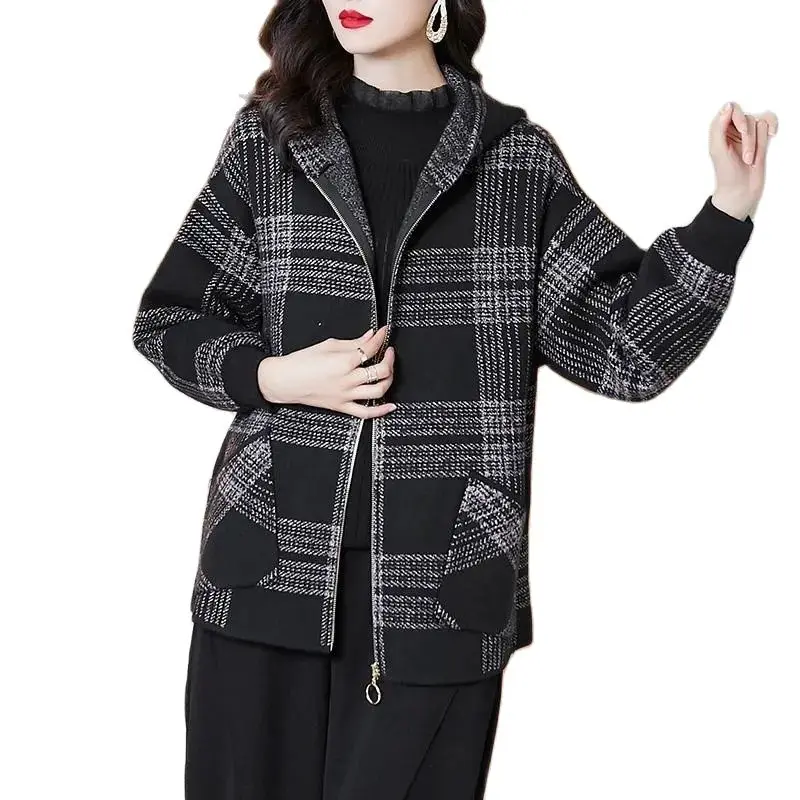 Новинка 2022 демисезонное Женское шерстяное пальто в черную клетку с капюшоном