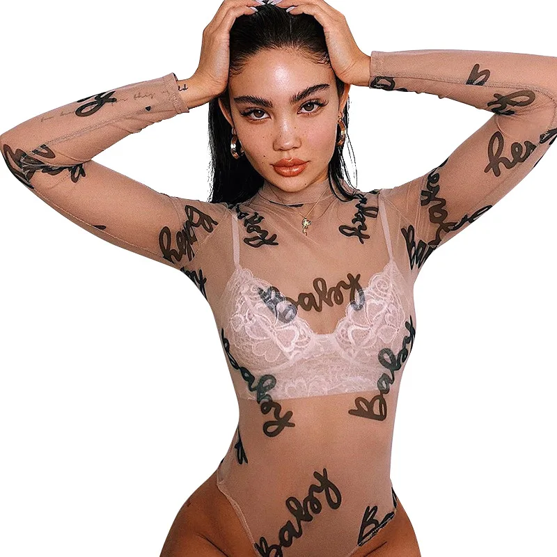 Letter Print Women Summr Sexy Playsuits Round Neck Long Sleeve Skinny Mesh See Through Rompers Casual Clubwear Outfits Bodysuits
Letter Print Women Summr Sexy Playsuits Round Neck Long Sleeve Skinny Mesh See Through Rompers Casual Clubwear Outfits Bodysuits