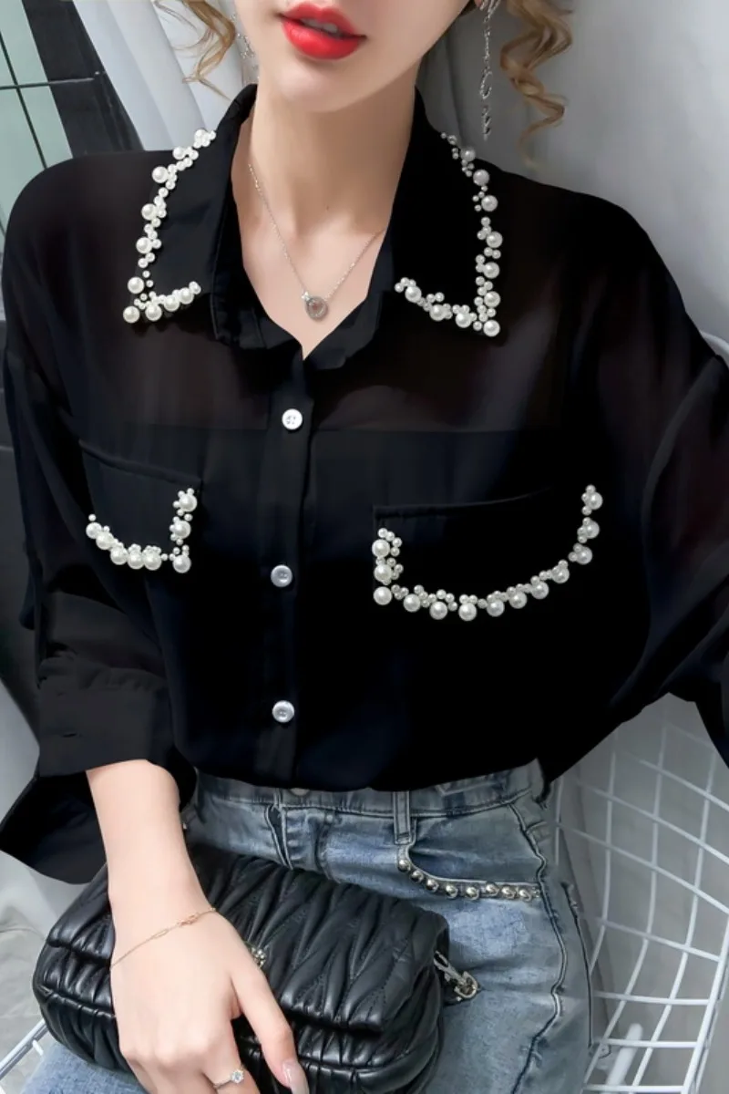 Women Chiffon Blouse Beading Single Breasted Lapel Tops Long Lantern Sleeve Ladies Blouses Shirts Elegant Blusas Femininas
Women Chiffon Blouse Beading Single Breasted Lapel Tops Long Lantern Sleeve Ladies Blouses Shirts Elegant Blusas Femininas
