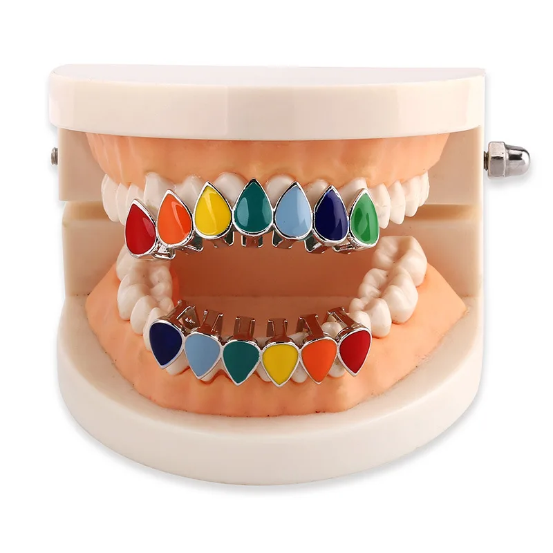 

Hip Hop Rainbow Colorful Fangs Teeth Grills Set Top&Bottom Gold Silver Color Teeth Braces Dental Halloween Vampire Teeth Gifts
