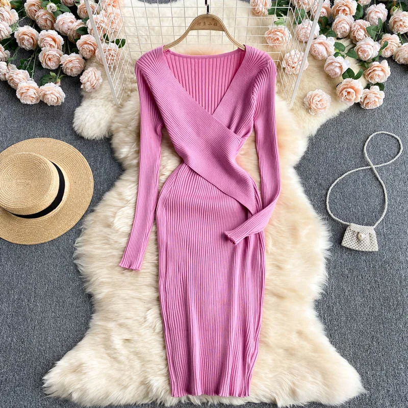 Knitted Women's Dress Winter Sheath Solid Long Sleeve Dresses for Women 2021 Cross Mini V-Neck Bodycon Dress Woman Robe Femme
Knitted Women's Dress Winter Sheath Solid Long Sleeve Dresses for Women 2021 Cross Mini V-Neck Bodycon Dress Woman Robe Femme