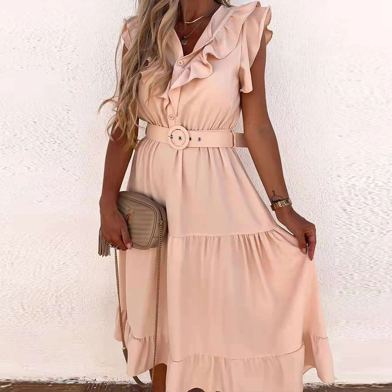 Summer Fahsion Single-Breasted Office Lady Dresses Women Elegant V-Neck Sleeveless Ruffle Long Dress Casual Solid Dress Mujers
Summer Fahsion Single-Breasted Office Lady Dresses Women Elegant V-Neck Sleeveless Ruffle Long Dress Casual Solid Dress Mujers