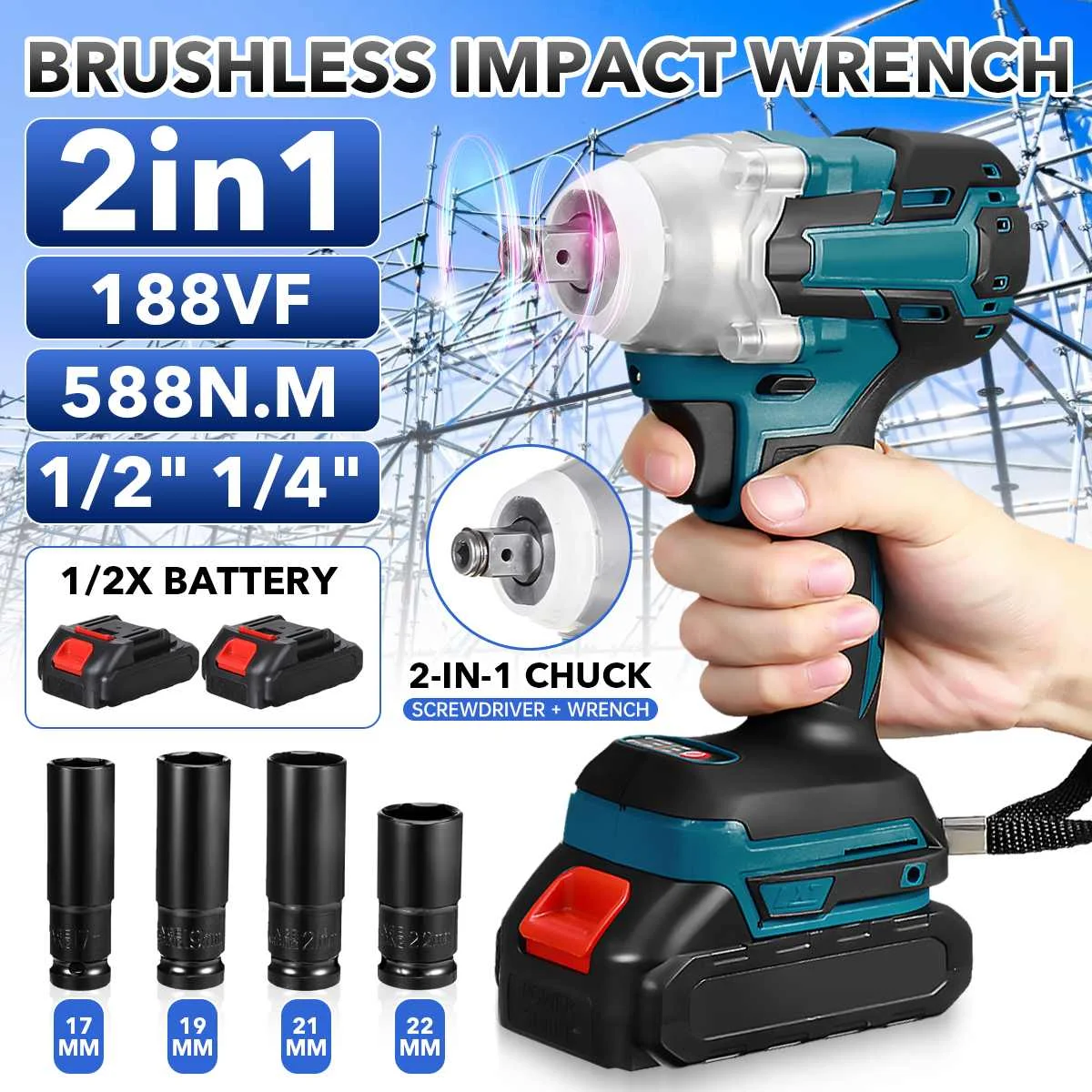 188vf 588N.M Brushless Cordless Electric Impact Wrench 1/2 inch Power Tools 2X15000Amh Li Battery Adapt to Makita 18V Batterry
188vf 588N.M Brushless Cordless Electric Impact Wrench 1/2 inch Power Tools 2X15000Amh Li Battery Adapt to Makita 18V Batterry