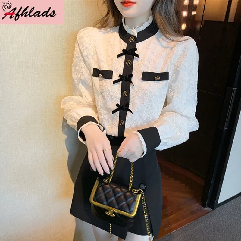 Spring New Style Lace Small Fragrance Embroidery Shirt Women's Wear Long Sleeved Stand-Up Collar Single-Breasted Blouse 
Spring New Style Lace Small Fragrance Embroidery Shirt Women's Wear Long Sleeved Stand-Up Collar Single-Breasted Blouse