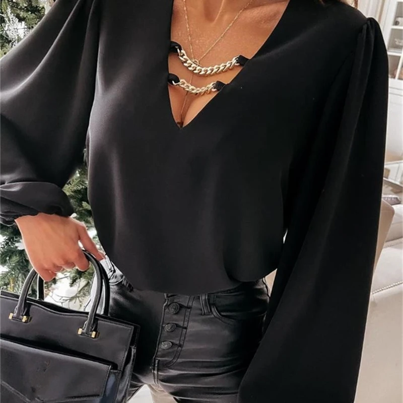 YOSICIL Chic chain puff sleeve chiffon women blouse Spring sexy V- loose female tops Fashion soild color ladies blouse 2021
YOSICIL Chic chain puff sleeve chiffon women blouse Spring sexy V- loose female tops Fashion soild color ladies blouse 2021