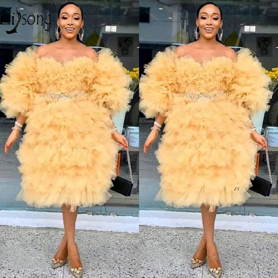 High Street Fashion Ruffles Tiered Tutu Formal Dress Three Quarter Sleeves Tea Length Cocktail Dresses Off The Shoulder Puffy
High Street Fashion Ruffles Tiered Tutu Formal Dress Three Quarter Sleeves Tea Length Cocktail Dresses Off The Shoulder Puffy