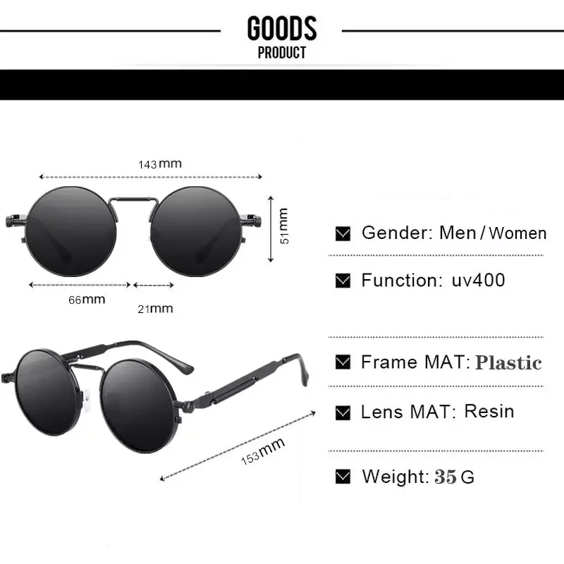 2021 Men's Gothic Glasses Classic Punk Sunglasses Retro Men's Women's Round Glasses Metal Sunglasses Fashion Luxury Brand UV400
2021 Men's Gothic Glasses Classic Punk Sunglasses Retro Men's Women's Round Glasses Metal Sunglasses Fashion Luxury Brand UV400