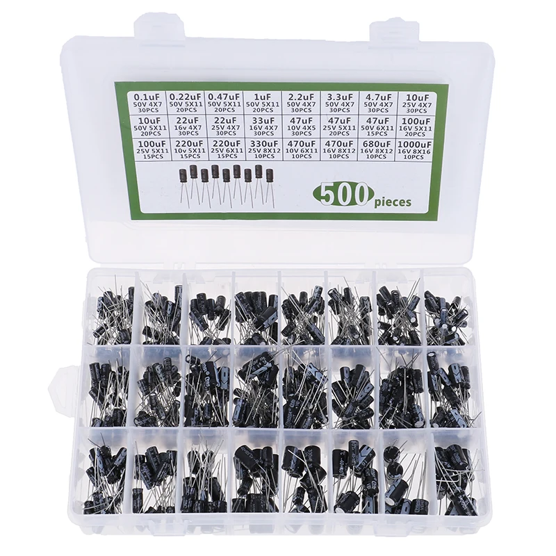 500Pcs 0.1-1000UF 24Values Aluminum Electrolytic Capacitors mix Electrolytic capacitor Assorted kit and storage box
500Pcs 0.1-1000UF 24Values Aluminum Electrolytic Capacitors mix Electrolytic capacitor Assorted kit and storage box