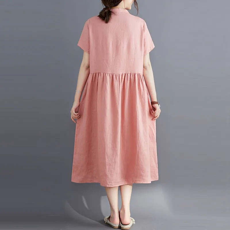 Women Cotton Linen Long Dress New Arrival 2021 Summer Simple Style Vintage Stand Collar Loose Female Casual Dresses S3147 
Women Cotton Linen Long Dress New Arrival 2021 Summer Simple Style Vintage Stand Collar Loose Female Casual Dresses S3147