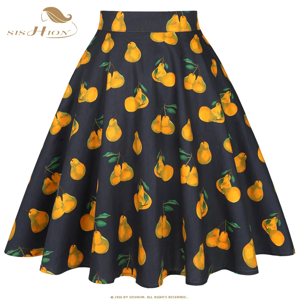 Фото Женская винтажная хлопковая юбка SISHION серо-зеленая с принтом груш и фруктов VD0020
