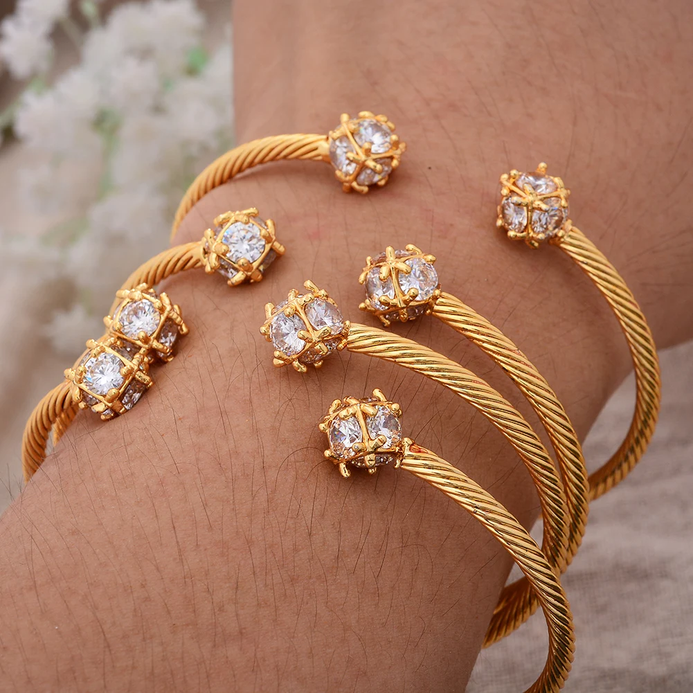 

4pcs/Lot Dubai Gold Color Cuff Zircon Bangles African Bridal Luck Bangles For Women Wedding Bijoux Comorien Dubai Jewelry