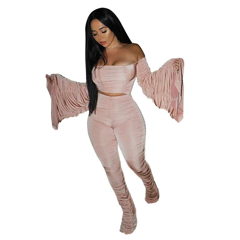 2020 New Women Two Piece Outfits Strapless Flare Sleeve Top High Elastic Pleated Flared Pants Two Piece Set Matching Sets 
2020 New Women Two Piece Outfits Strapless Flare Sleeve Top High Elastic Pleated Flared Pants Two Piece Set Matching Sets