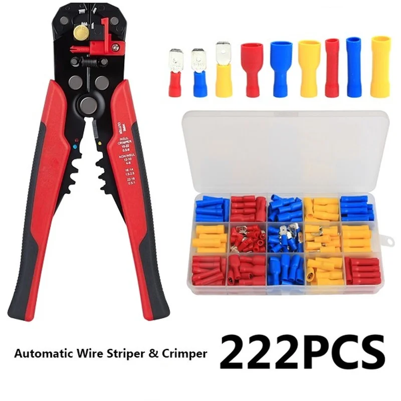 222PCS Mix Spade Male Female Wire Crimp Terminals Electrical Wire Connector Crimp Plier Tool Set Kits AWG22-10/0.5-6.0mm2
222PCS Mix Spade Male Female Wire Crimp Terminals Electrical Wire Connector Crimp Plier Tool Set Kits AWG22-10/0.5-6.0mm2
