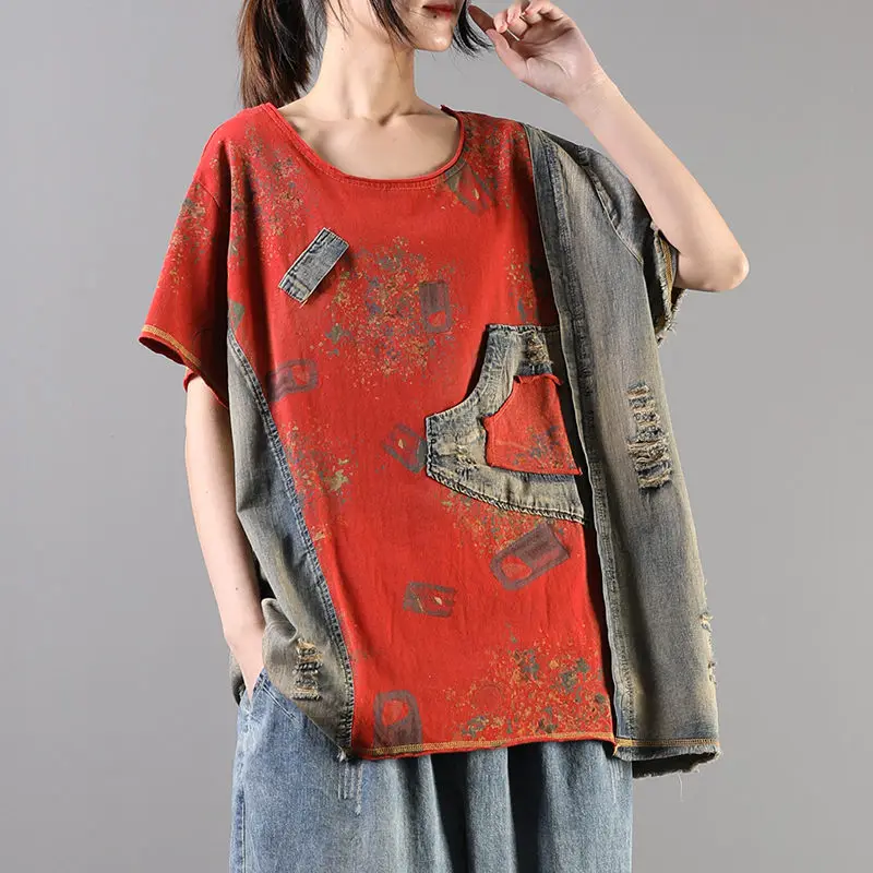 Women's 2020 Summer New Korean Style Loose Large Size Literary Retro Denim Stitching Short Sleeve T-shirt Female Top Tee K099
Women's 2020 Summer New Korean Style Loose Large Size Literary Retro Denim Stitching Short Sleeve T-shirt Female Top Tee K099