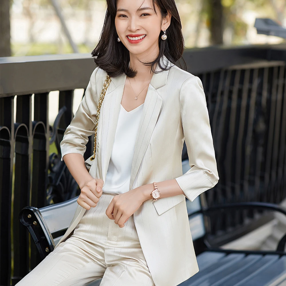Fashion Spring Summer Half Sleeve Striped Office Pant Suit Ladies Women Formal 2 Piece Set Green Blue Apricot Blazer And Trouser
Fashion Spring Summer Half Sleeve Striped Office Pant Suit Ladies Women Formal 2 Piece Set Green Blue Apricot Blazer And Trouser