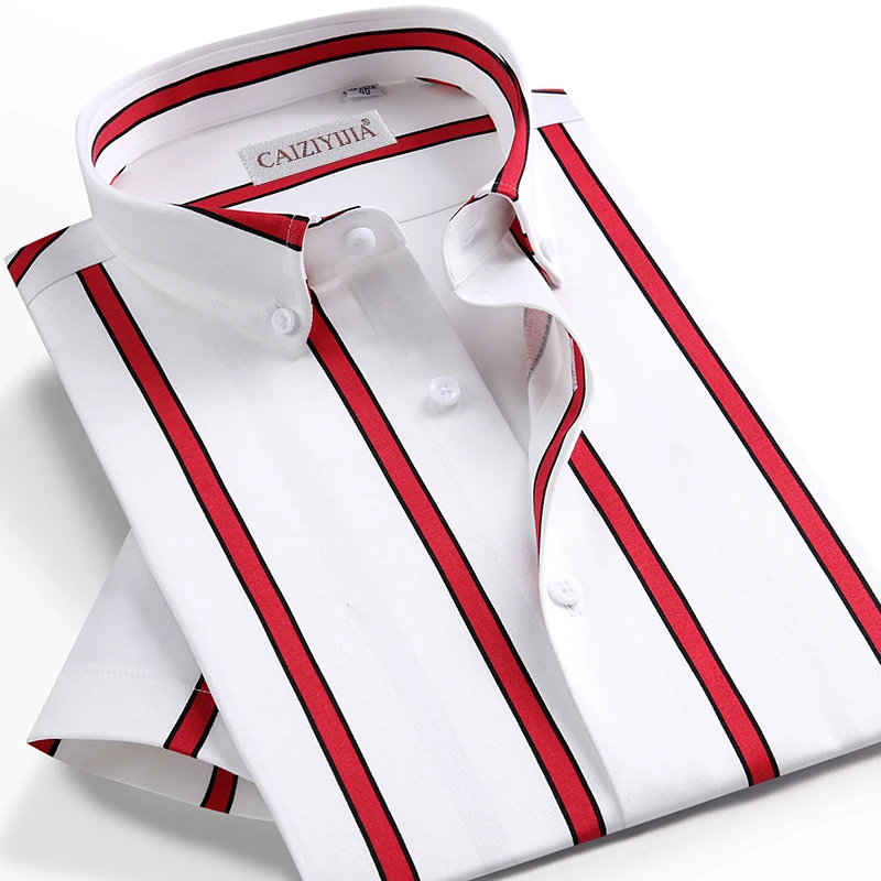 

Men's Short Sleeve Contrast Color Block Striped Dress Shirts Pocket-less Design Summer Casual Standard-fit Button Down Shirt