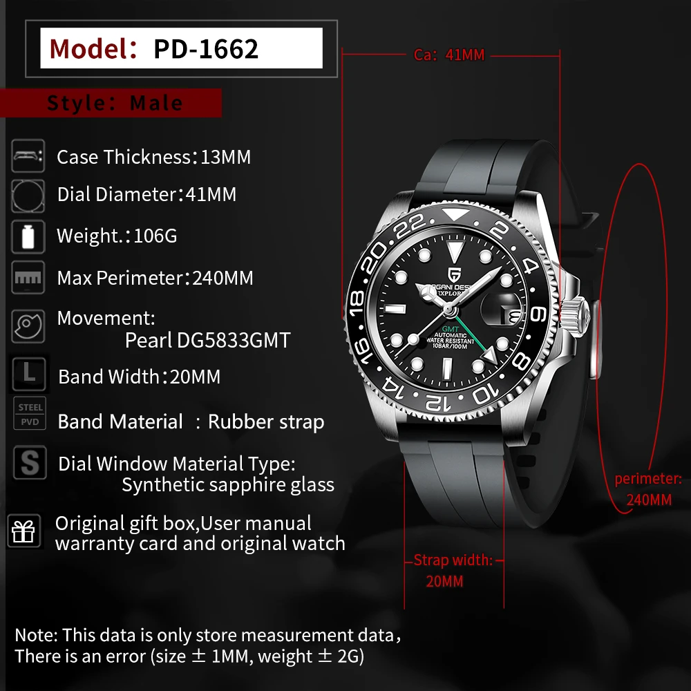PAGANI DESIGN Rubber Strap Sapphire Glass Men Watches reloj hombre Stainless Steel GMT Watch Luxury Men Mechanical Wristwatch
PAGANI DESIGN Rubber Strap Sapphire Glass Men Watches reloj hombre Stainless Steel GMT Watch Luxury Men Mechanical Wristwatch
