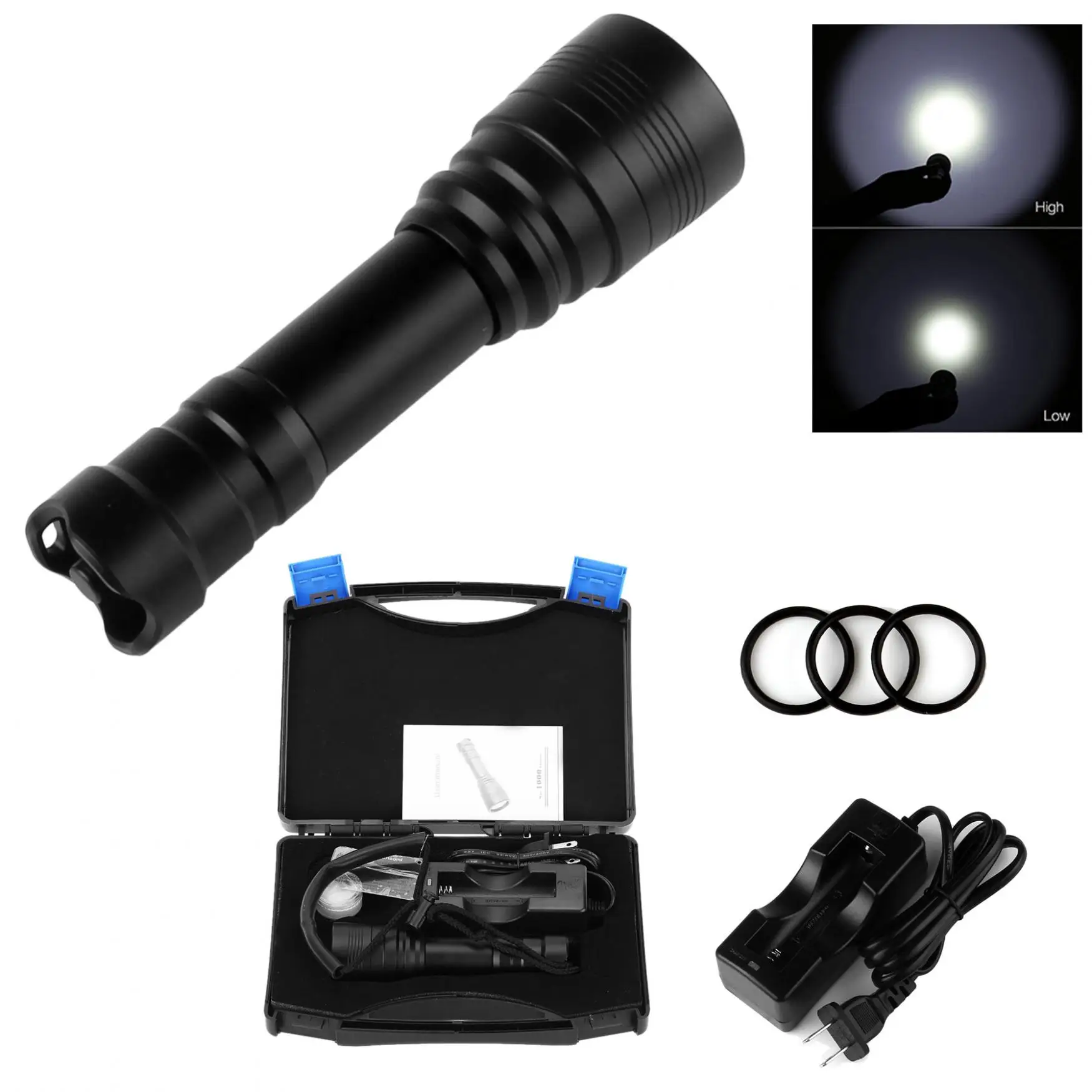 

Waterproof High Power Underwater 150m 1000Lm XM-L2/U2 Handheld Diving Flashlight Lamp Torch + 18650 Battery + Charger