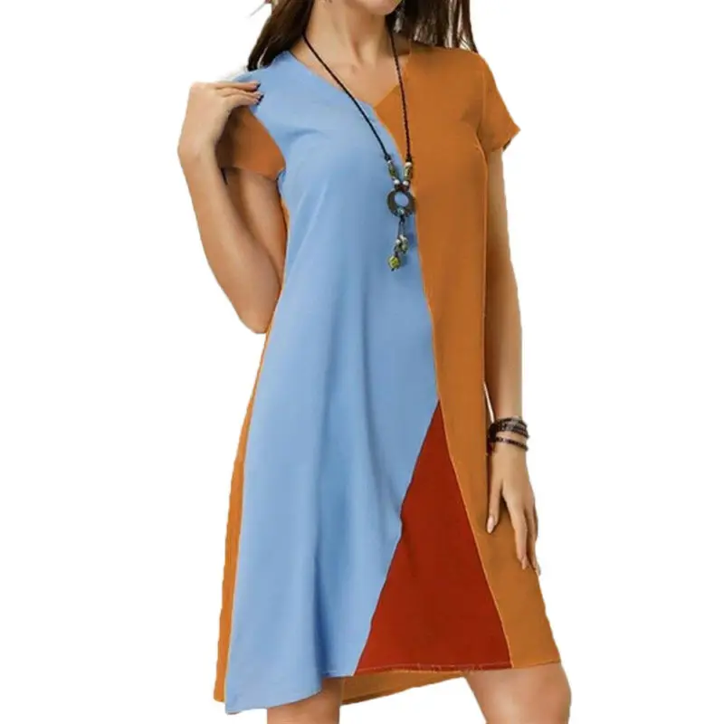 Women V-neck Clothing Short Sleeve Ladies Mini Dress 2021 Patchwork Color Block Summer Holiday Party Casual Loose Sundress
Women V-neck Clothing Short Sleeve Ladies Mini Dress 2021 Patchwork Color Block Summer Holiday Party Casual Loose Sundress