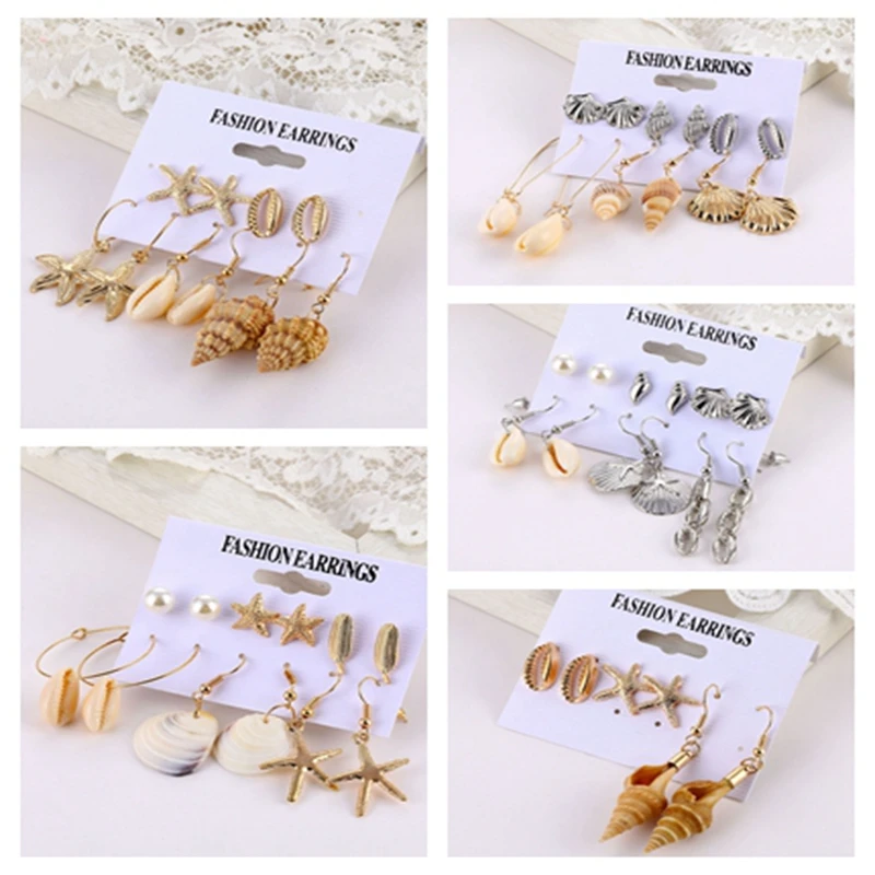 

UMKA Summer Shell Pearl Starfish Dangle Earrings For Women Gold Sliver Color Metal Ocean Ethnic Dangle Earring Set Jewelry Gift