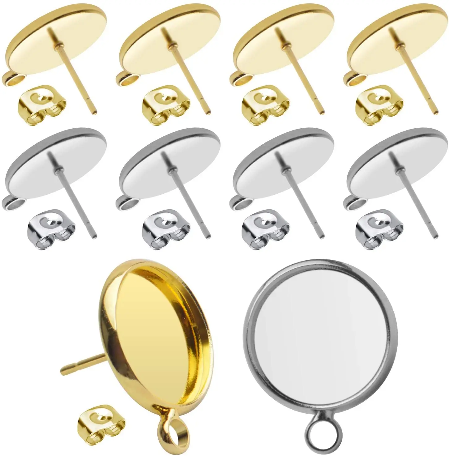 20pcs Hypoallergic Bezel Earring Studs Earring Cabochon Setting Post Cup with Loops and 20pcs Earring Backs for Earring Making
20pcs Hypoallergic Bezel Earring Studs Earring Cabochon Setting Post Cup with Loops and 20pcs Earring Backs for Earring Making