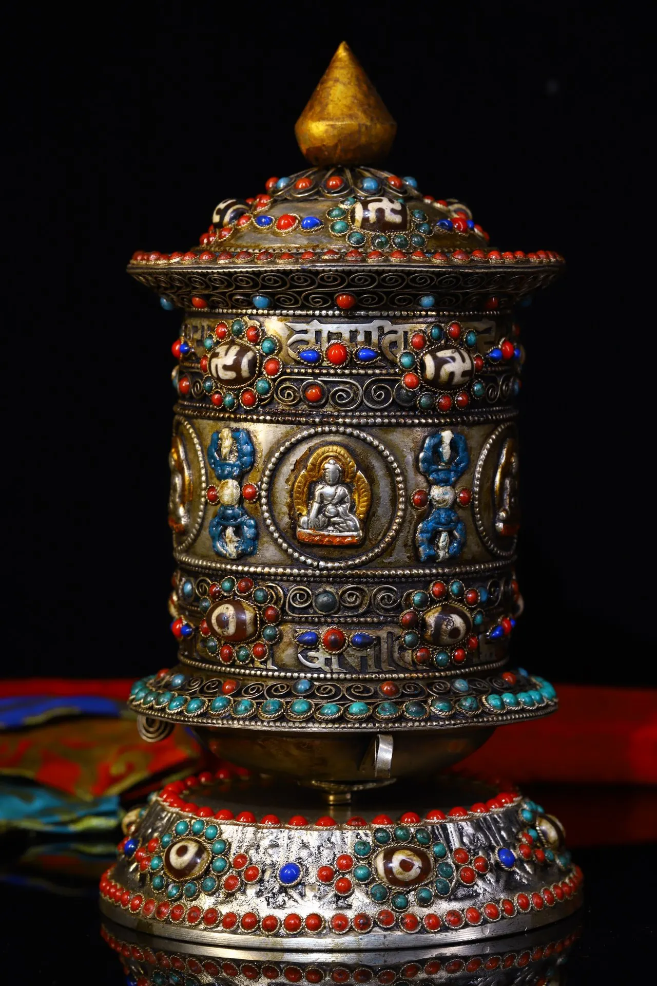 

9"Tibetan Temple Collection Old Bronze mosaic gem Dzi Bead Shakyamuni Buddha Prayer wheel Buddhist artifact Ornaments Town House