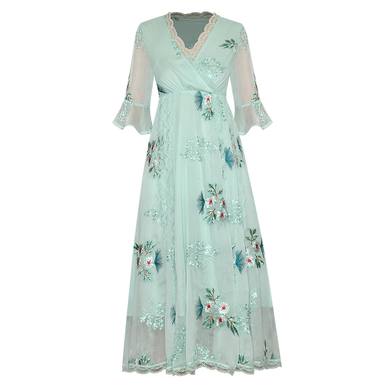 Five points horn sleeve v-neck lace stitching heavy embroidery elastic waist posed chiffon dress on 2020 summer
Five points horn sleeve v-neck lace stitching heavy embroidery elastic waist posed chiffon dress on 2020 summer