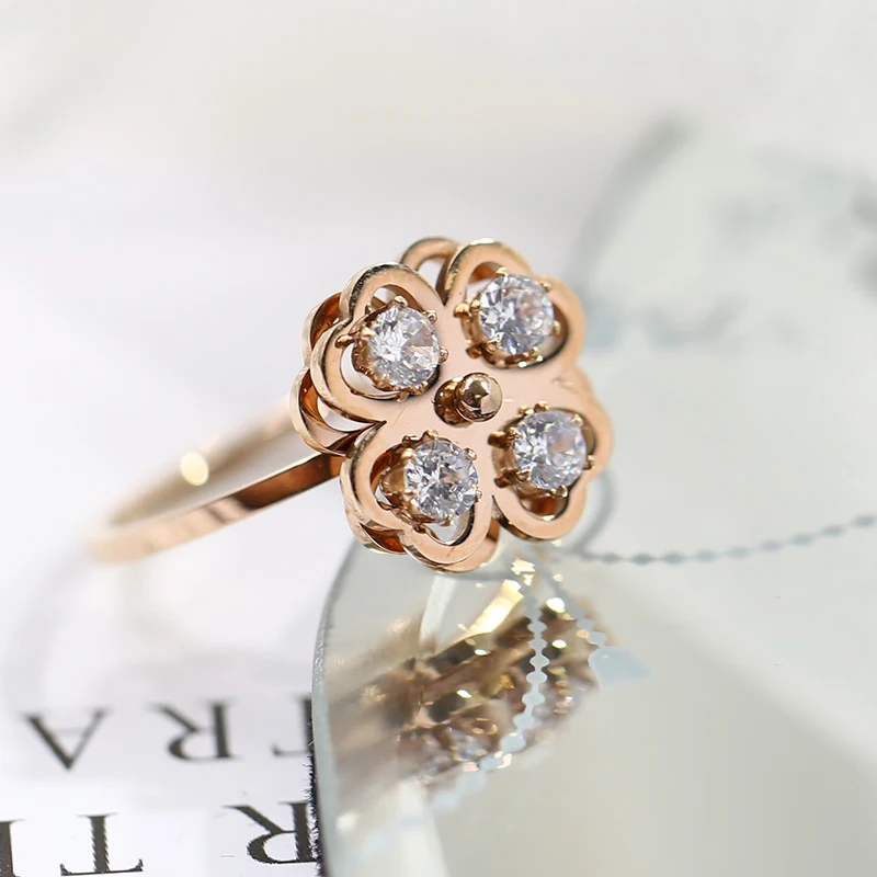 YUN RUO 316 L Titanium Steel Jewelry Swiveling Flower Ring Mosaic Zircon Weeding Rose Gold Fashion Woman Gift Never Fade | Украшения и