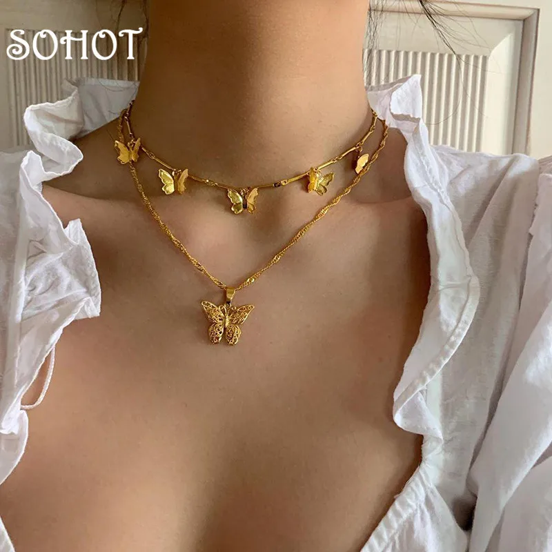 SOHOT Europea Трендовое Двухслойное женское ожерелье-чокер с бабочкой шикарные