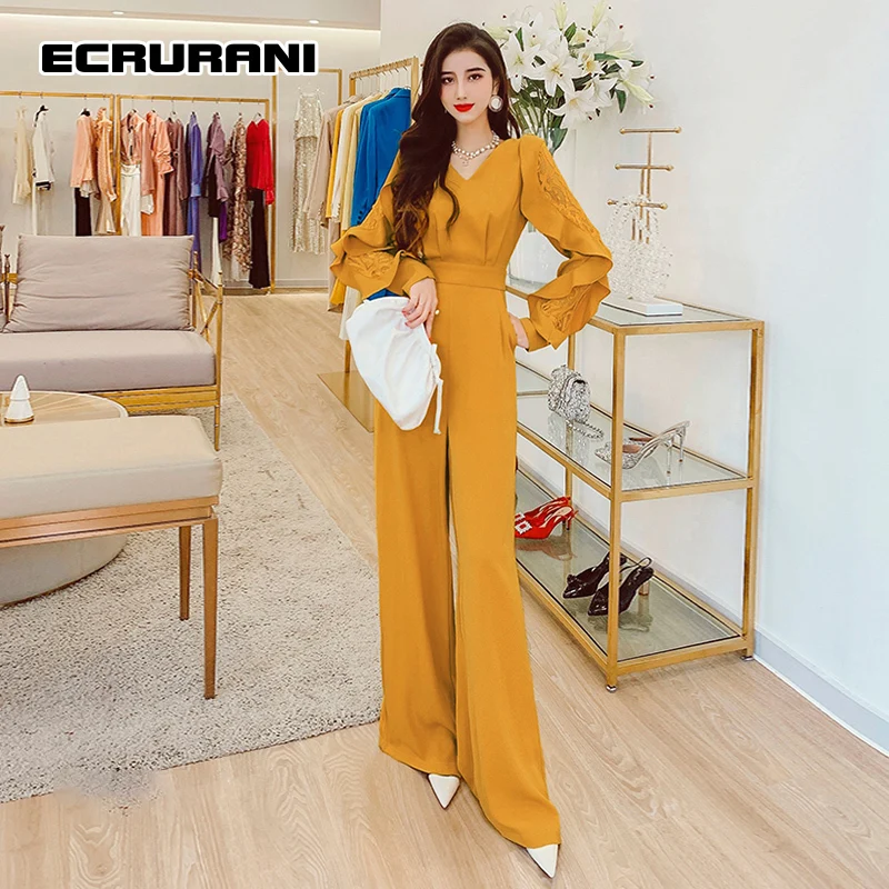 ECRURANI Patchwork Yellow Elegant Women's Jumpsuits V-neck Long Sleeve High Waist Solid Jumpsuit For Female 2021 Fashion Clothes
ECRURANI Patchwork Yellow Elegant Women's Jumpsuits V-neck Long Sleeve High Waist Solid Jumpsuit For Female 2021 Fashion Clothes