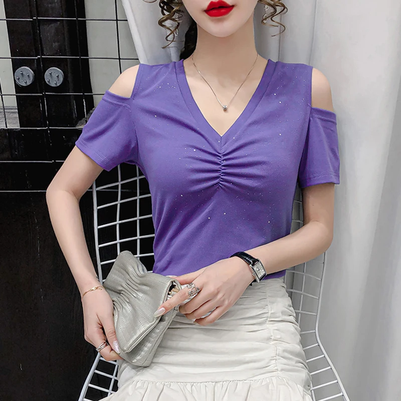 Женская футболка со складками, летняя футболка фиолетового и белого цветов, с V-образным вырезом и коротким рукавом, с открытыми плечами, 2021
Женская футболка со складками, летняя футболка фиолетового и белого цветов, с V-образным вырезом и коротким рукавом, с открытыми плечами, 2021