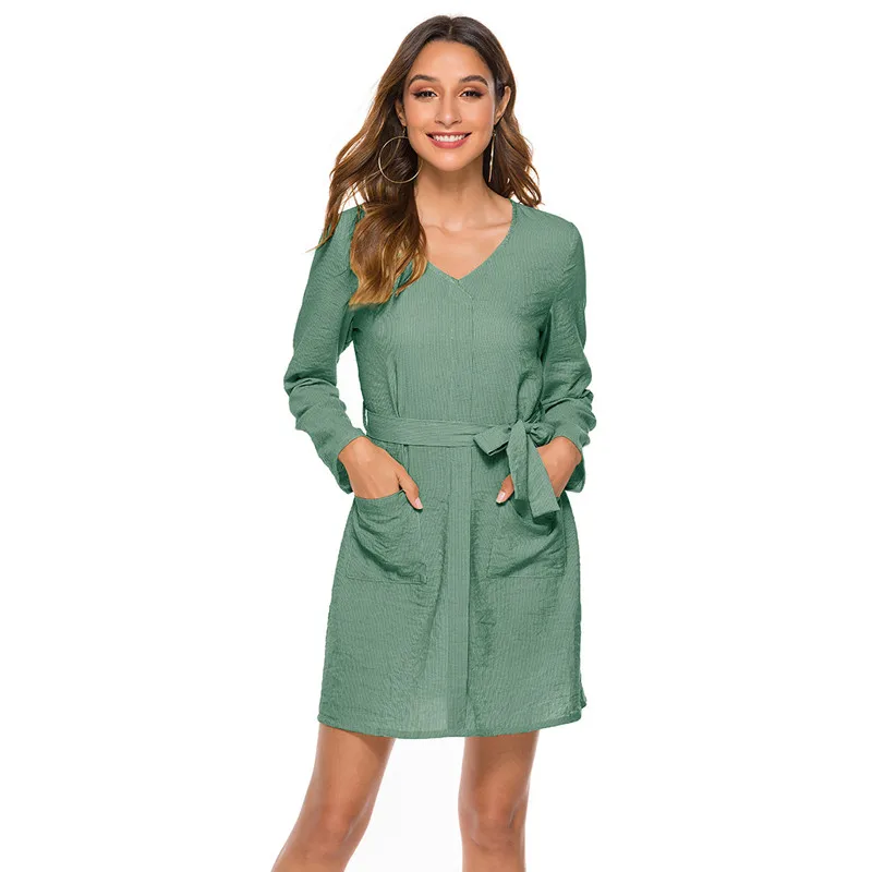 2021 Spring Autumn New Fashion Sexy V Neck Long Sleeve Women's Mini Dress Casual Belt Tunic Solid Pocket Ladies Dresses 
2021 Spring Autumn New Fashion Sexy V Neck Long Sleeve Women's Mini Dress Casual Belt Tunic Solid Pocket Ladies Dresses