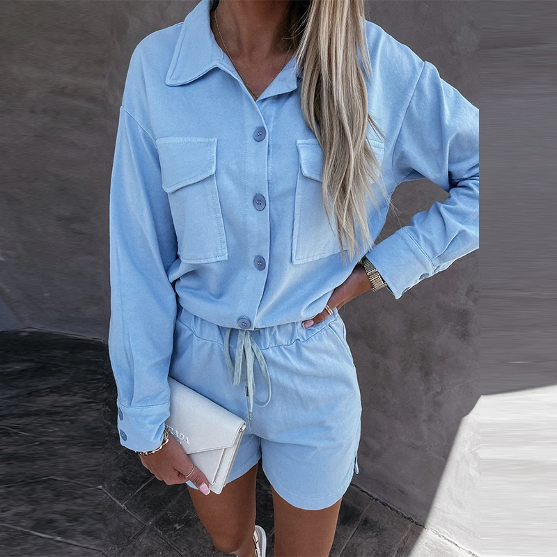Summer Button Cardigan Top & Lace-Up Shorts Suits Fashion Casual Women 2 Piece Sets Autumn Long Sleeve Pocket Lady Shirt Outfits
Summer Button Cardigan Top & Lace-Up Shorts Suits Fashion Casual Women 2 Piece Sets Autumn Long Sleeve Pocket Lady Shirt Outfits