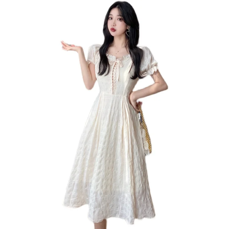 Summer New French Tide Ins Word Shoulder High Waist Dress Woman French Elegant Doll Tie With Sweet A Word Beach Skirt 2021 
Summer New French Tide Ins Word Shoulder High Waist Dress Woman French Elegant Doll Tie With Sweet A Word Beach Skirt 2021