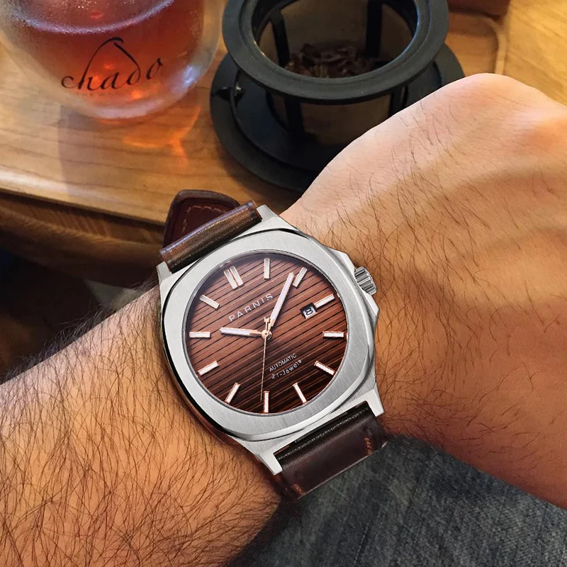 

Модные механические часы Parnis с коричневым циферблатом, 42 мм, автоматические мужские наручные часы с кожаным ремешком, лучший бренд класса л...
