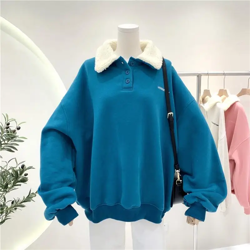 Embroidery Lambswool Buttons Clothes Women Hoodie Autumn Winter Korean Style Velvet Tops Oversize Sweatshirt Streetwear 
Embroidery Lambswool Buttons Clothes Women Hoodie Autumn Winter Korean Style Velvet Tops Oversize Sweatshirt Streetwear