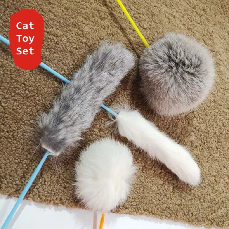 Кошка игрушка с перьями на кроличьем меху хвост кошачья интерактивная мини палка