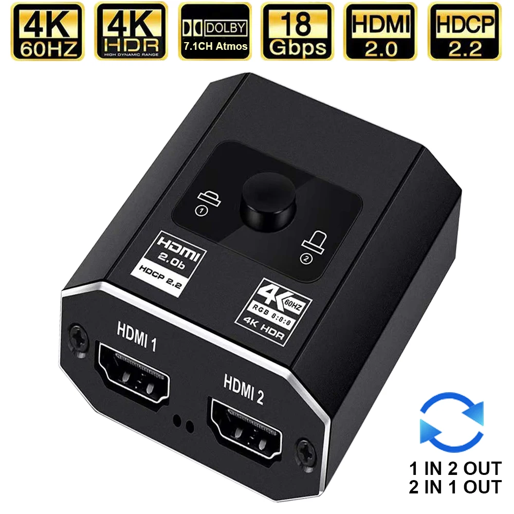 2021 Best HDMI Switcher 4K Bi-Direction 2.0 HDMI Switch 1x2/2x1 Adapter 2 in 1 out Converter for PS4 PS5 TV Box HDMI Splitter
2021 Best HDMI Switcher 4K Bi-Direction 2.0 HDMI Switch 1x2/2x1 Adapter 2 in 1 out Converter for PS4 PS5 TV Box HDMI Splitter
