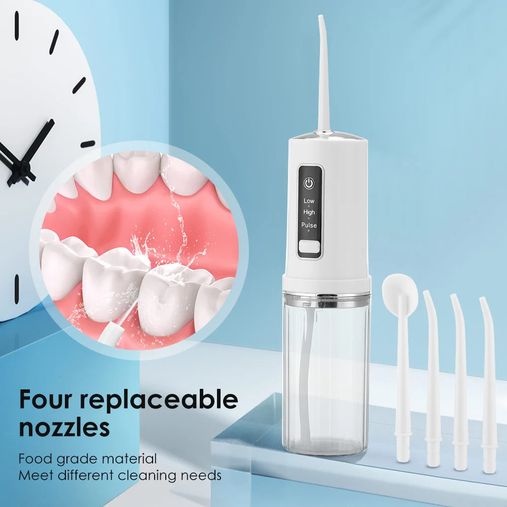 

Oral Irrigator Portable Dental Water Flosser USB Rechargeable Water Jet Floss Tooth Pick 4 Jet Tip 230ml 3 Modes IPX7 1800rpm