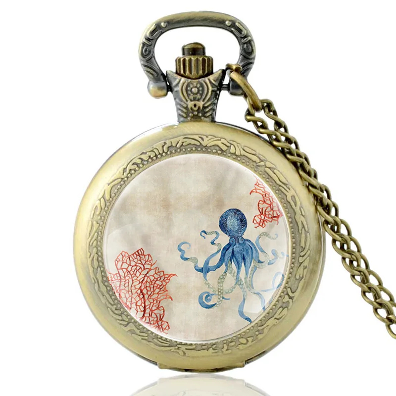 

High Quality Steampunk Octopus Design Silver Glass Dome Vintage Pocket Watch Men Women Pendant Necklace Hours Clock Gifts