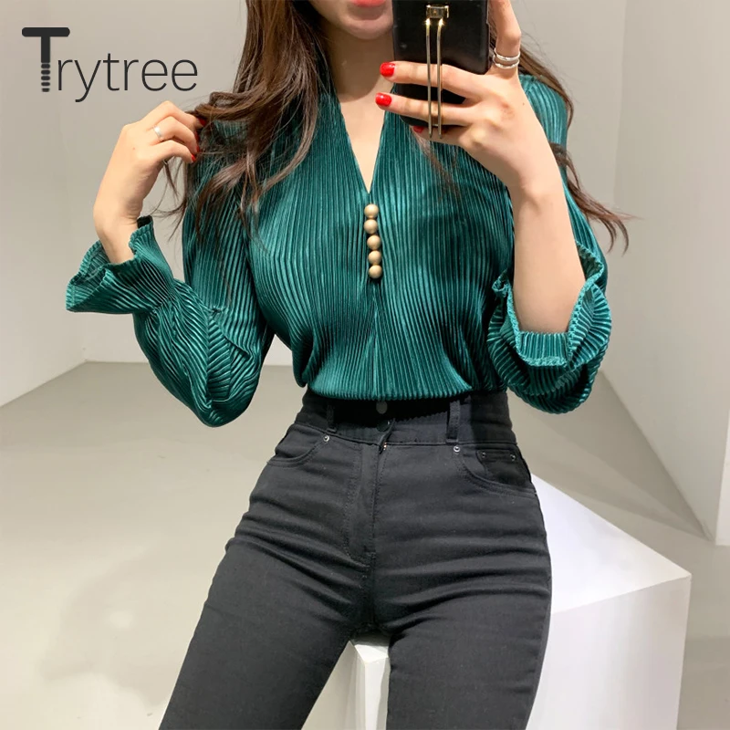 Trytree 2020 Spring Women Blouse Casual V-neck Flare Sleeve 3 Color Loose Button All-Purpose Style Fashion Elegant Blouse Top
Trytree 2020 Spring Women Blouse Casual V-neck Flare Sleeve 3 Color Loose Button All-Purpose Style Fashion Elegant Blouse Top
