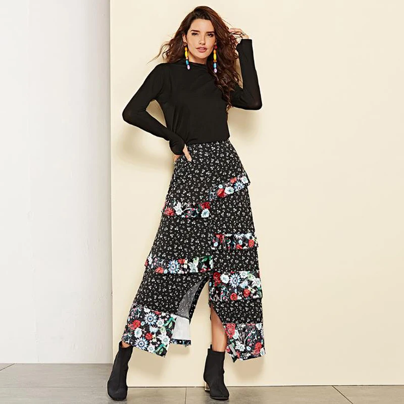 Fashion New Women Skirt Floral Print High Waist Asymmetric Hem Ruffle Slit Long Skirt Black Summer Maxi Pencil Skirts
Fashion New Women Skirt Floral Print High Waist Asymmetric Hem Ruffle Slit Long Skirt Black Summer Maxi Pencil Skirts