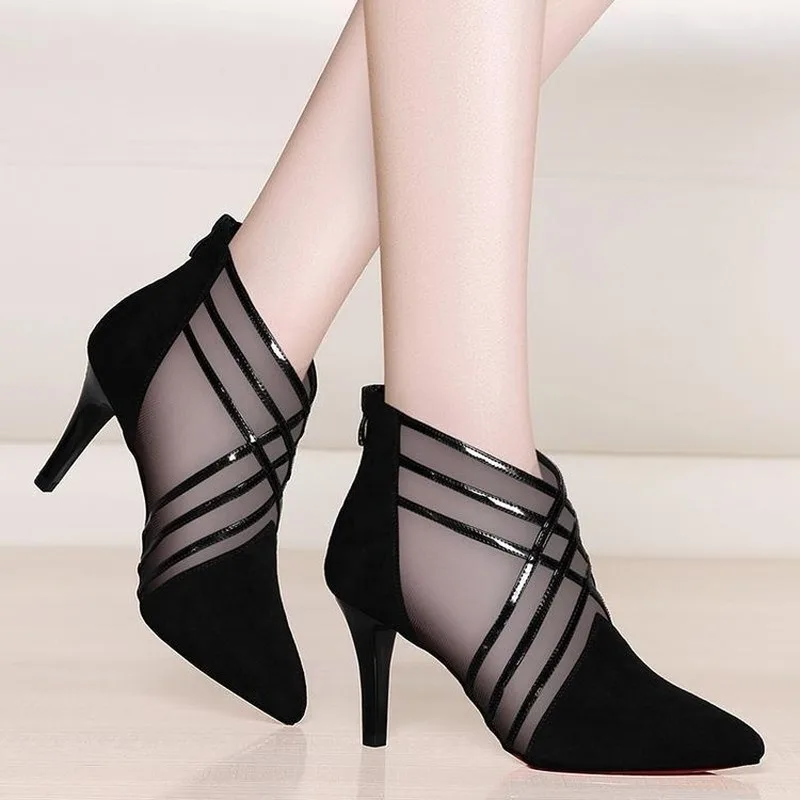 

Fashion Mesh Lace Crossed Stripe Women Ladies Casual Pointed Toe High Stilettos Heels Pumps Feminine Mujer Sandals Shoes