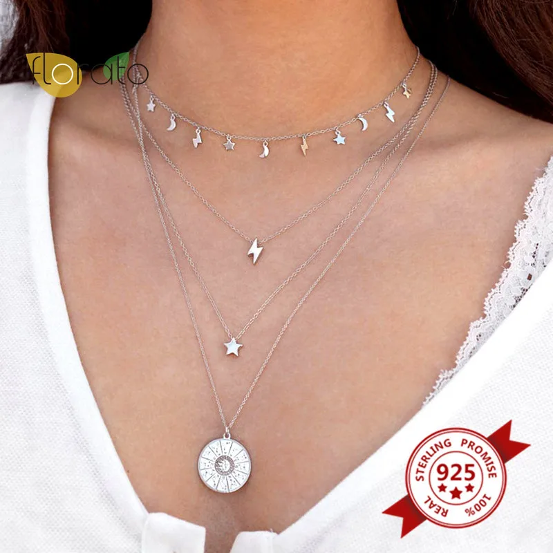 

Real 925 Sterling Silver Lightning Star Round Choker Necklaces For Women CZ Crystal Cute Necklace Jewelry Accessories Collares