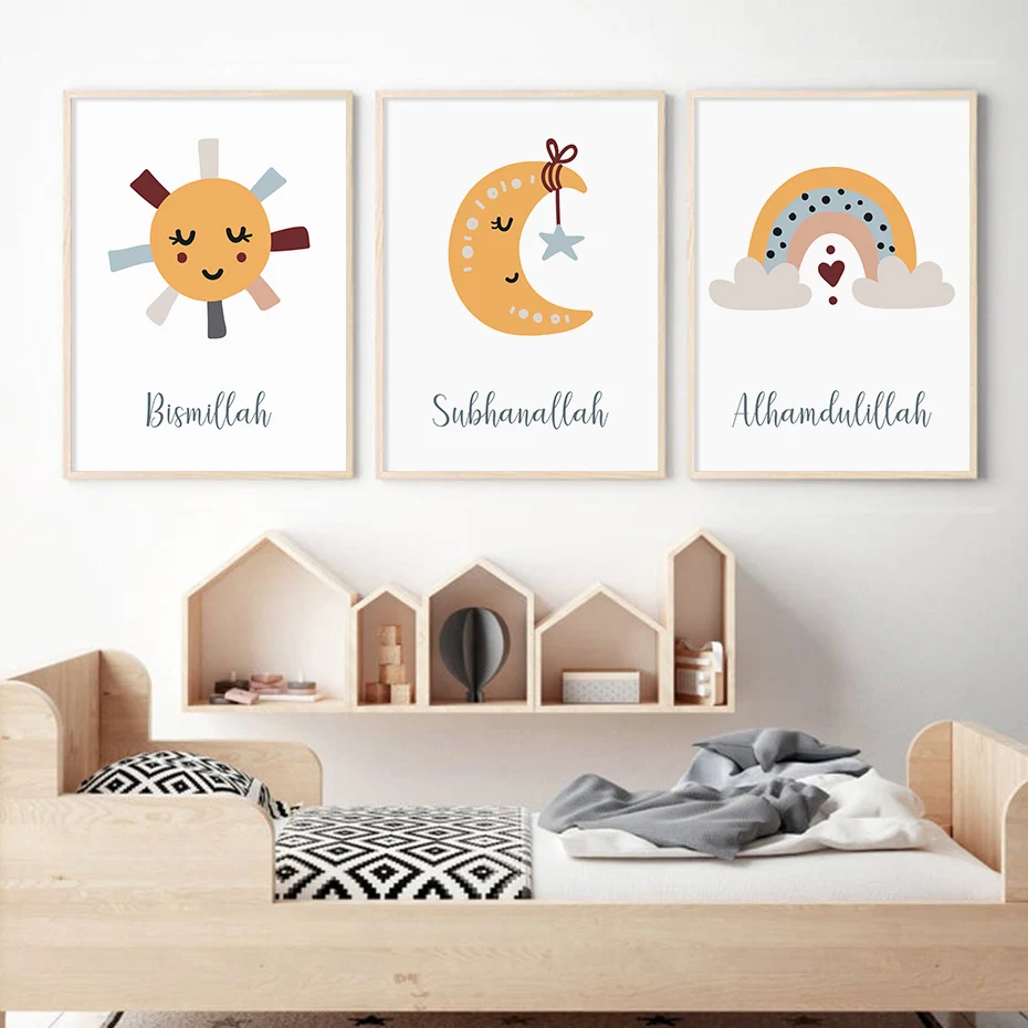 Islamic Bismillah Moon Sun Rainbow Yellow Cartoon Child Posters Canvas Painting Wall Art Print Picture for Kids Room Home Decor
Islamic Bismillah Moon Sun Rainbow Yellow Cartoon Child Posters Canvas Painting Wall Art Print Picture for Kids Room Home Decor