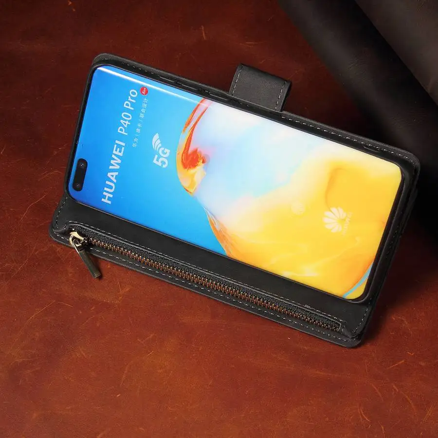 Флип чехол для Huawei P40 Pro/P40Lite/E/P30/Mate30 кожаный футляр на молнии с отделениями карт