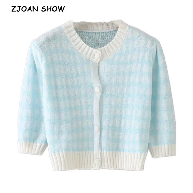 French Sweet Check Plaid Jacquard Puff Half Sleeve Cardigan Woman Short Sleeve O neck Center Buttons Knitted Sweater Jumper
French Sweet Check Plaid Jacquard Puff Half Sleeve Cardigan Woman Short Sleeve O neck Center Buttons Knitted Sweater Jumper